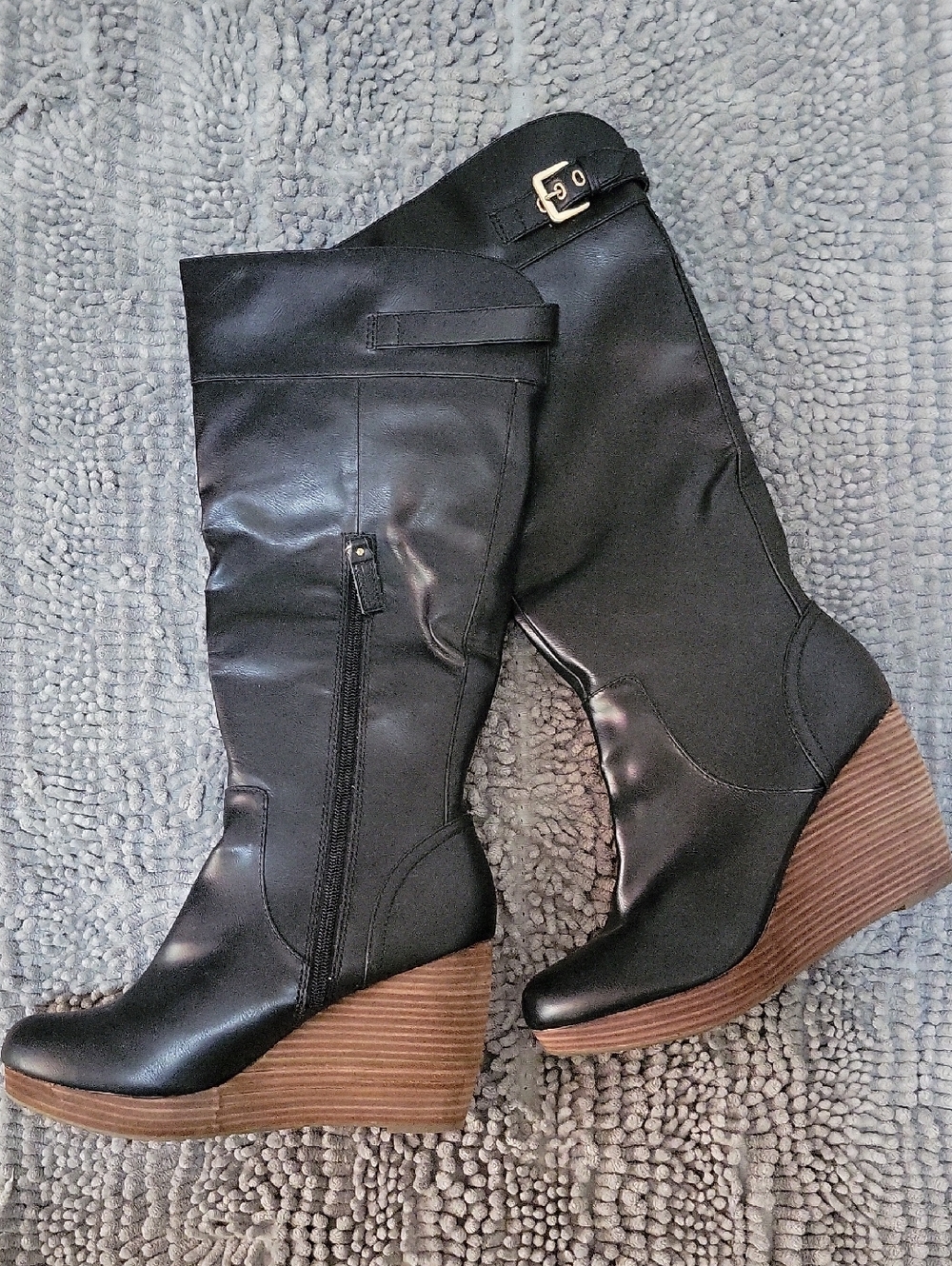 Dr. Scholl's Women’s Black Wedge Knee-High Boots with Wood-Look Heel